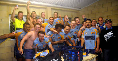 Celebrations abrupt in the Gympie Devils’ dressing room at Albert Park at the weekend shortly after defeating the Caloundra Sharks 32-6. The win means the Devils replace Caloundra at the top of the competition ladder. Celebrations abrupt in the Gympie Devils’ dressing room at Albert Park at the weekend shortly after defeating the Caloundra Sharks 32-6. The win means the Devils replace Caloundra at the top of the competition ladder.